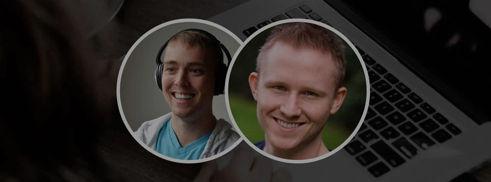 Circular portraits of podcast host Joel Beasley, wearing headphones, and Andrew, over a darkened photo of a laptop